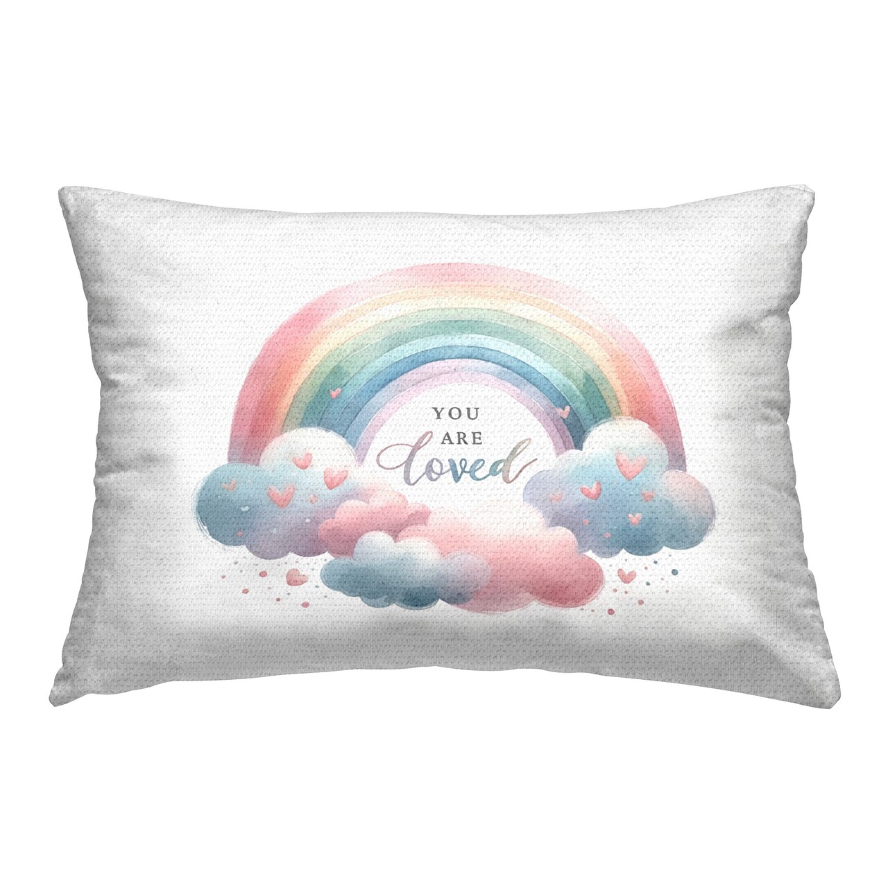Rainbow with Soft Hearts Design by Amanda Greenwood Outdoor Printed Pillow